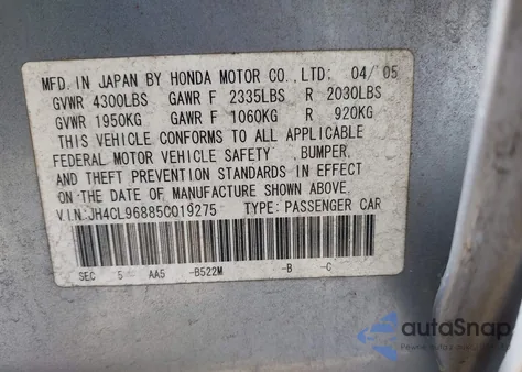 2005 Acura Tsx из США, поврежденный, VIN JH4CL96885C019275